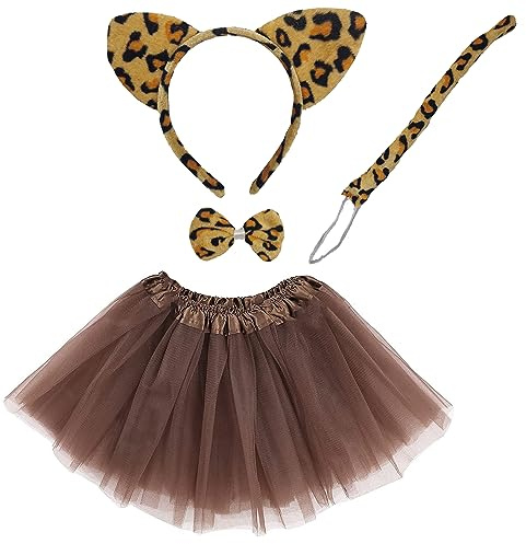 Conjunto de Disfraz para Carnaval Halloween y Fiesta Cosplay de Animales, Diadema de Orejas Pajaritas Cola con Estampado de Animales y Tutu Falda para Chicas y Mujeres, 4pcs (30cm/tutú, Tigre)