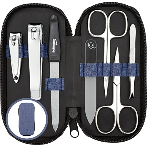 Set Manicure Professionale – Kit da 7 Pezzi con Custodia in Pelle Sintetica look Denim. Include Tagliaunghie, Forbicine, Lima in Vetro e strumenti di qualità. Perfetto per Uomo, Donna e viaggi
