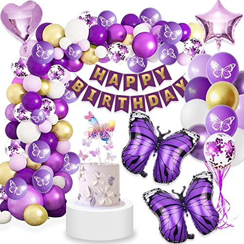 Lila Geburtstagsdeko Set - Schmetterling Folienballons, Girlande Happy Birthday, Party Deko für Frauen und Mädchen