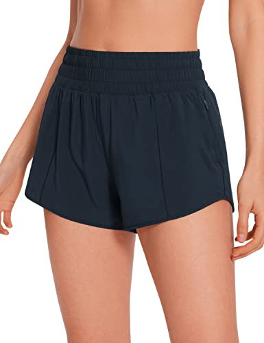 CRZ YOGA Damen High Waist Running Shorts Gym Sporthose Mesh Innenhose Schnelltrocknend Kurz Hose mit Zip Tasche - 6.4cm Echte Marine 42