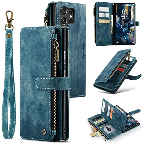 UEEBAI Handyhülle für Samsung Galaxy S23 Ultra, Retro Reißverschluss Hülle PU Leder Weiche Klapphülle Magnetverschluss Kartenfach Standfunktion Geldbörse mit Trageband Schutzhülle - Blau