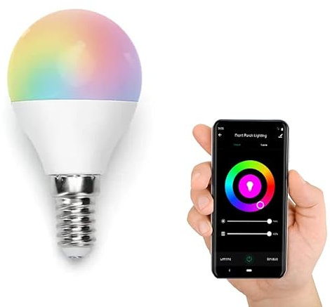 Bombilla LED WiFi inteligente G45 E14 6,5W, control remoto, regulable, ideal para iluminación ambiental y automatización del hogar.