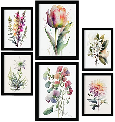 Nacnic Wilde Blumen Postern. Vollfarbige Natur- und Botanikdrucke mit Blumenmotiven auf reinweißen Hintergründen. Innenarchitektur und Dekoration. A4 & A3 Schwarze Rahmen.