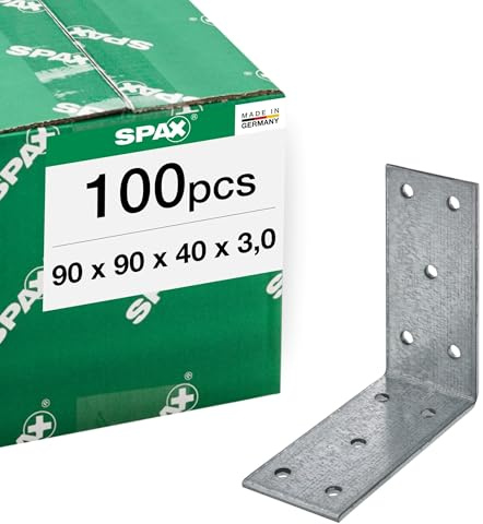 SPAX Winkelverbinder 90x90x40 mm, 3 mm dick, 100 St. - Holzbauverbinder | Verzinkter Holzverbinder für 90 Grad Eckverbindungen von Pfetten und Wandriegeln, 10 Löcher für Rillennägel, Made in Germany
