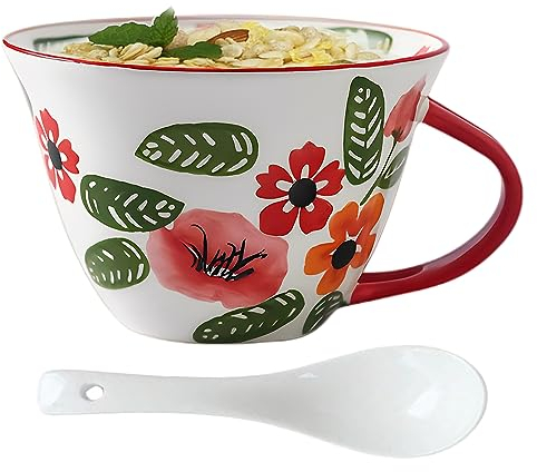 NIUKOMY Tasse à Déjeuner Grande 600ML, XXL Tasse à Café avec Cuillère, Bols avec Anse en Céramique pour Lait, Cappuccino, Soupe, Tasse Floral Peintes 20OZ, Rouge