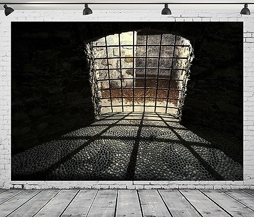 CORFOTO 7x5ft Stoff Mittelalterliche Gefängniszelle Hintergrund für Fotografie Gefängnis Fenster Licht Hintergrund Alte Dungeon Zelle Party Dekorationen Mord Mystery Party Hintergrund