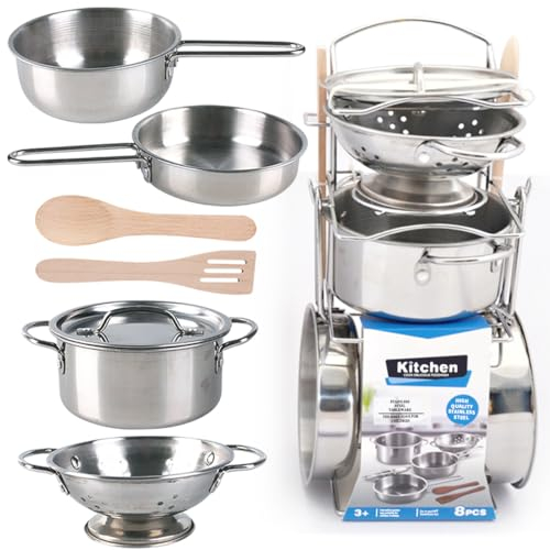 8 PCS Edelstahl Spielen Töpfe Und Pfannen Spielzeug Für Kind-Küche Zubehör Set,Küche Playset Pretend Game Spielzeug Kochgeschirr Kochutensilien,Great Learn Geschenke Für Kleinkinder & Mädchen Jungen