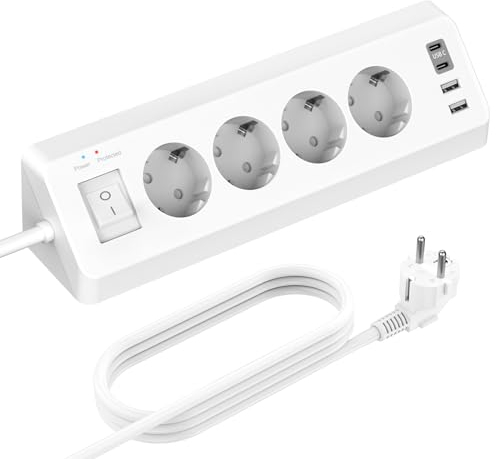 4 Fach Steckdosenleiste mit USB C, Ecksteckdose Ecke 4 USB mit Schalter, Schreibtisch Steckdose Überspannungsschutz mit 3M Kabel für Küche (Weiß)
