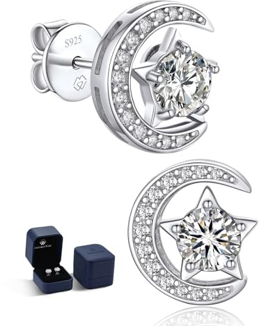 Momentwish Moissanit Ohrstecker Mond und Stern, Ohrringe Silber 925 Nickelfrei Damen Ohrringe Valentinstag Liebes Jahrestag Geschenk für sie-5mm