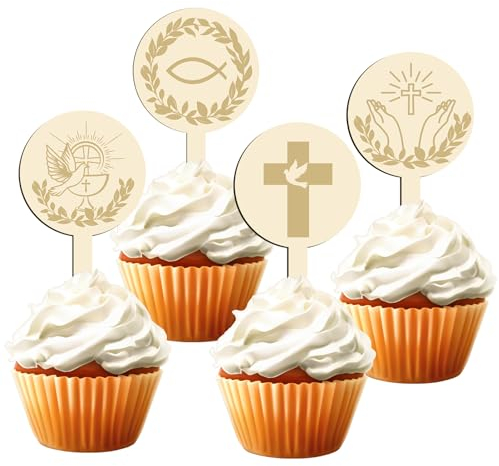 12pcs Taufe Cupcake Topper Set, Holz Cake Topper Kommunion, Erstkommunion Deko für Jungen & Mädchen, Eucharistiegeschenke, Eucharistiedekoration