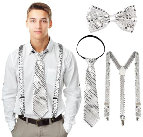 3 Stück Glitzer Outfit Herren,Silvester Kostüm Accessories, Glitzer Fliege Hosenträger Krawatte Disco Kostüm Fasching Accessories Mit Pailletten Herren Outfit Für Karneval Herren Kostüm Zubehör