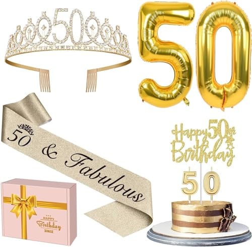 Amosking 50th Birthday Decorations Gold, Including 50th Birthday Sash and Tiara, Cake Topper and Candles, Number Balloons, 50 Year Old Gifts for Women