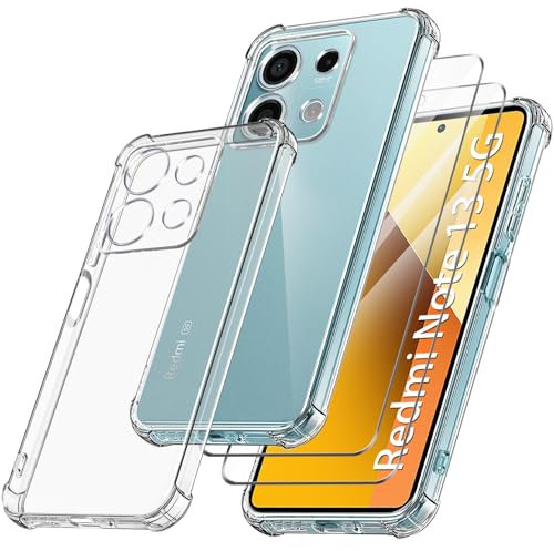 FLLAO Coque Antichoc Compatible avec Xiaomi Redmi Note 13 5G et 2 Pièces Protection Écran en Verre Trempé, Étui de Silicone Mince Souple TPU Bumper Coins Renforcés Housse, Transparent