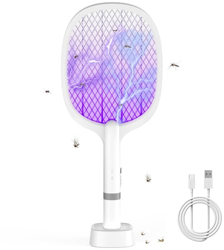 YOUBST Electric Elektrische Fliegenklatsche 5000V, Extra Stark Fliegenklatsche Elektrisch, 2 in 1 USB Typ-C Elektro Mückenklatsche mit Akku Aufladbar& UV Lichtfalle für Mücken, Fliegen, Wespe, Motten