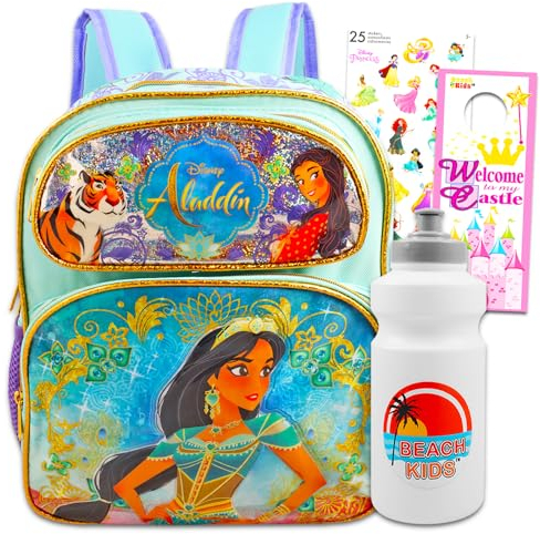Disney Princess Jasmine Mini-Rucksack-Set – Paket mit 30,5 cm Jasmin-Rucksack plus Wasserflasche, Aufklebern, mehr | Aladin-Rucksack für Kleinkinder und Mädchen, Princess Jasmine Rucksack, Princess