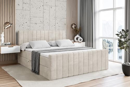 ALTDECOR Boxspringbett mit Matratze und Lattenrost, Boxbett, Topper, Fußteil, Polsterbett mit Bettkasten, Bett mit Stauraum H3-Matratze, Doppelbett, Springboxbett - Edita-Z - 180x200 Beige Samt