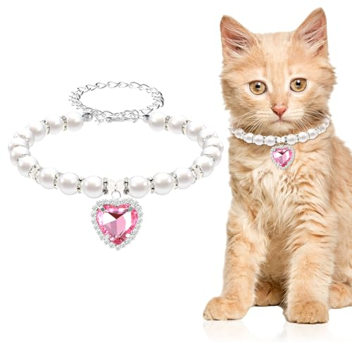 Andibro Perlen Katzenhalsband, Niedliches Strass Welpenhalsband Glänzende Kleine Katzenhalsketten Haustierhalsband Mit Bling Zubehör Für Kätzchen Kleine Hunde Hochzeit Geburtstag Party(Rosa)
