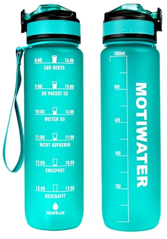 Trinkflasche 1L, deutsch, Motivation, Spühlmaschinen geeignet, Wasserflasche Auslaufsicher, BPA Frei, Sportflasche mit Zeitmarkierung (Türkis (weiße Schrift))