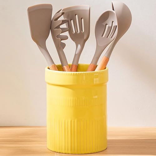 ZHUOTHAN Cooking Utensil Holder for Kitchen Counter, 6.9 x 5.5 inch Large Ceramic Utensil Crock, Utensil Organizer for Cookware/Spatula/Cutlery/Knife, Modern Present, Kitchen Decor Vase, Yellow