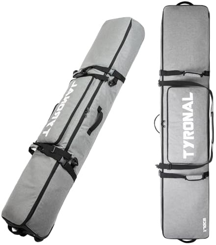 TYRONAL Snowboardtasche mit Rollen, strapazierfähiges 600D-Polyester-Oxford, verschleißfest, gepolsterte Snowboardtasche für einzelne Snowboard- und Snowboardstiefel, Grau, 170 cm