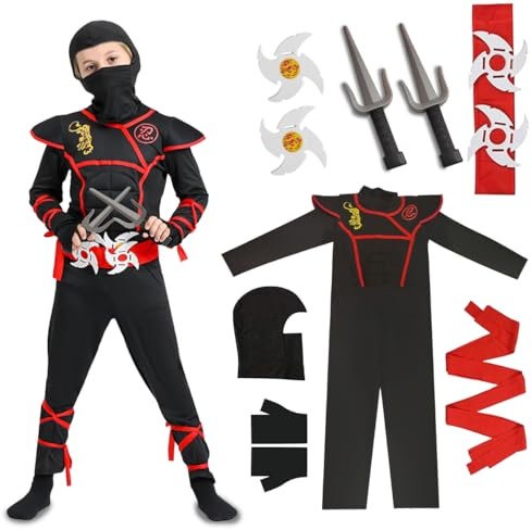 Déguisement Ninja Costume Enfant, Déguisements pour Enfants, Ensemble de Costumes de Ninja pour Garçon avec Gants Fléchettes Baïonnette, Deguisement Enfant Garcon pour Halloween Carnaval Cosplay