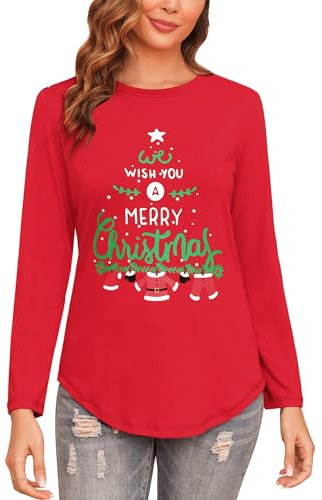 Gyabnw Merry Christmas T Shirts for Women UK Family Xmas Tops Long Sleeve Funny Graphic Printed Clothes Holiday Vacation Gift