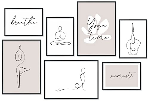 Hyggelig Home Premium Poster Set - 7 Yoga Bilder mit Übungen Asanas modern - Set Namaste - mit Rahmen schwarz