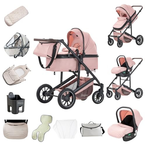 Zkiprm Poussette 3-en-1, Système de Voyage Avec Siège Auto, Landau et nacelle, Accoudoirs Réglables, Habillage pluie, Gant, Moustiquaire, Châssis en aluminium, Landau à profil haut pour 0-4 ans,Rose