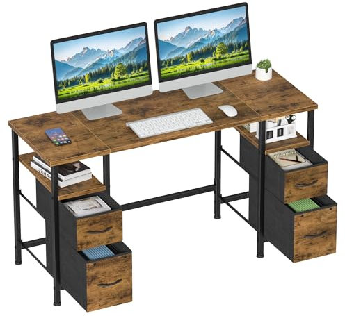 120x48cm Computer Desk with 4 Fabric Drawers Stroage, Small Office Desk, Rustic Wood Computer Game Desk Writing Table PC Study Table for Home Work Gaming