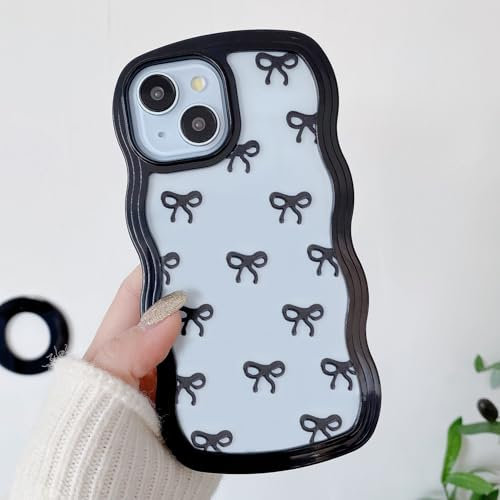 QLTYPRI Bow Case for iPhone 13/iPhone 14, Clear Cute Ribbon Bow Phone Case Curly Wavy Aesthetic Phone Case, Slim Soft Transparent Shockproof Protective Cover for Women Girls - Black