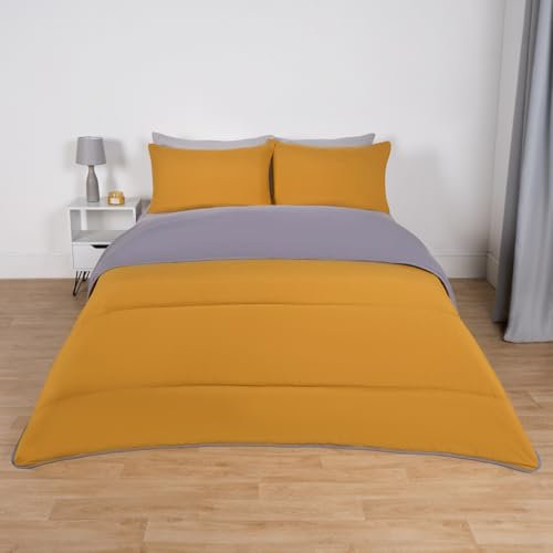 OHS 10.5 Tog Coverless Duvet for King Size Bed, Reversible Washable Coverless Travel Summer Camping Duvet Soft Warm Comfy Bedding with Pillowcase, Grey/Ochre