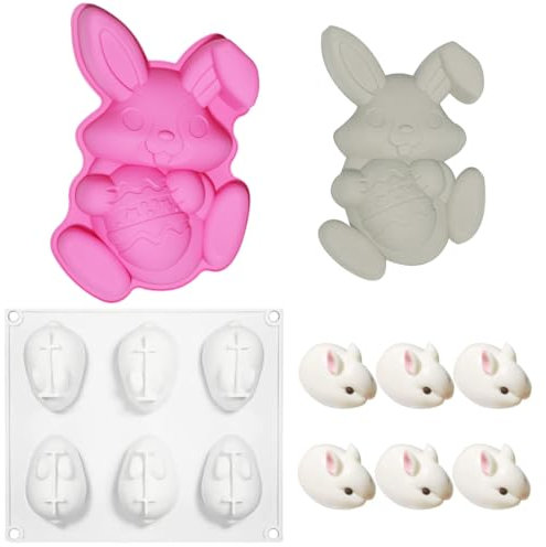 Osterhasen-Eierform, Backform Hase Kuchenform Silikon, Ostereier Silikonform, Silikonformen Ostern, Hase Kuchenbackform Mousse Soap Eiswürfelform Ostern Form Motivbackformen, 2 Stück, Rosa+Weiße