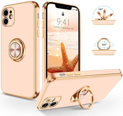 SouliGo Cover Compatibile con iPhone 11，Silicone TPU Morbida, Antiurto, Fodera in Microfibra Antigraffio, Con Supporto ad Anello a 360 Gradi, Custodia per iPhone 11 6.1”, Rosa