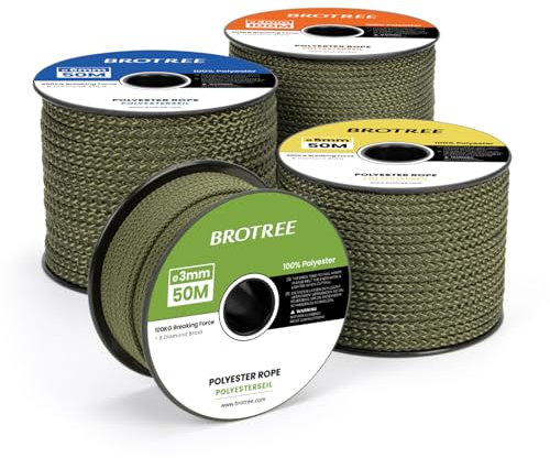 Brotree Cuerda Trenzada de Poliéster 5mm x 30m Ejercito Verde en Rollo - 300 KG Carga de Rotura