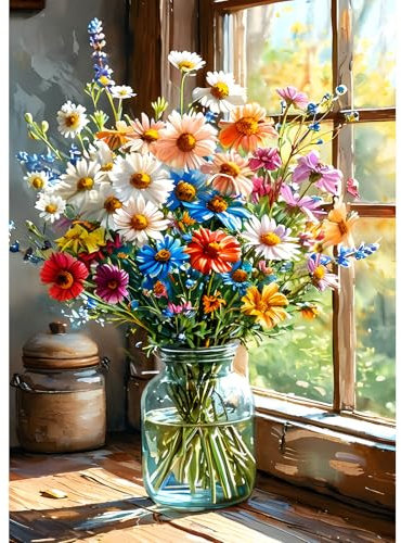 DPHERO Colorful Flowers in a Vase Diamond Painting Kits for Beginners Adults,5D DIY Window Diamond Art Kits,Round Full Drill Gem Art Crafts Kits,DIY Painting by Numbers for Home Wall Decor 12x16 inch