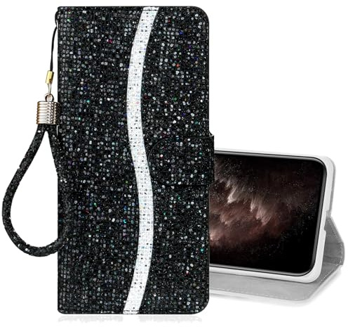 IMEIKONST Flip Case for iPhone 11 with Lanyard Strap, Glitter Sparkle Sequins Leather Card Slots Wallet Magnetic Closure Stand Function Shockproof Cover for iPhone 11. Black RXS