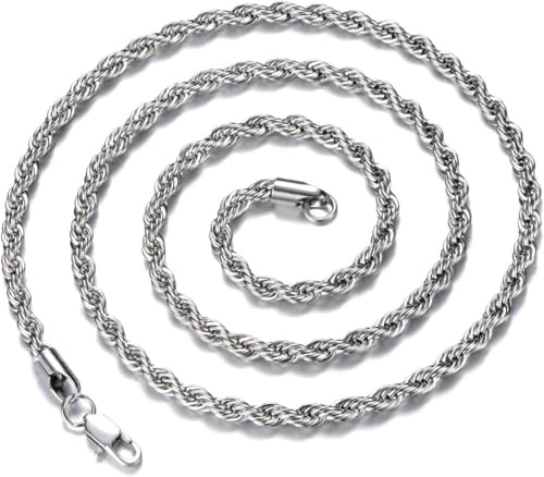 Joykee Silver Rope Chain Men Necklace, Waterproof Stainless Steel 3/4/5mm | Hypoallergenic stainless steel; waterproof for daily wear; 16–24in lengths; sturdy lobster clasp; solo or pendant