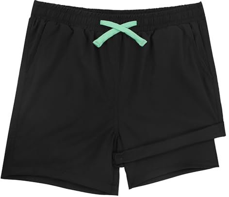 LACOFIA 2-pack badshorts för pojkar 2-i-1 barnbadbyxor med kompressionsliner, simbyxor med elastisk midja, barn sommarstrandshorts, snabbtorkande, för 4–14 år, A-svart, 140-152