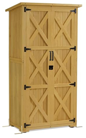 M MCombo Gartenschrank Holz, Gartenhaus Klein Wetterfest, Outdoor Gerätehaus Geräteschuppen, für Außenbereich Balkon Terrasse, 0878-F (Natur)