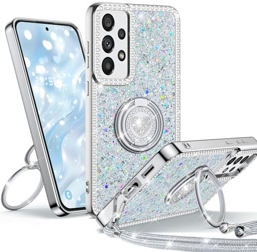 Unlicaku für Samsung Galaxy A53 5G Hülle mit Band, Handyhülle mit Herzen Doppelring Ständer Luxus Glitzer Frauen Mädchen Elektroplattiert Schutzhülle für Samsung A53 5G Case, Silber
