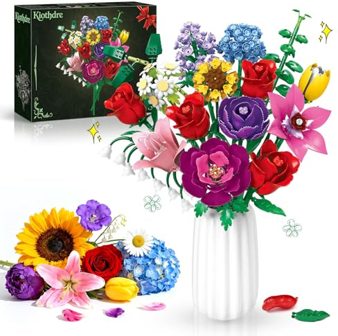 kiothdre Botanicals Blumenstrauß - Blumen Bauset für Erwachsene, Flowers Kollektion Bauklötze Pflanzen Home Deko, Geschenk für Frauen Männer Kinder Jungen Mädchen