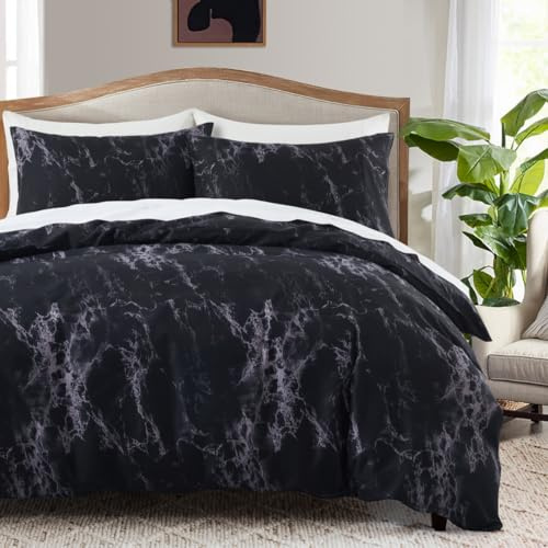 LYJKLST Bettwäsche 160x200 3teilig Bettbezug Schwarzer Marmor - Bettwäsche-Sets 160 x 200 cm mit 2 Kissenbezüge 80x80cm, ÖKO-TEX Bettwäsche Bedding Weißes Muster mit Reißverschluss Schwarz-Weiß