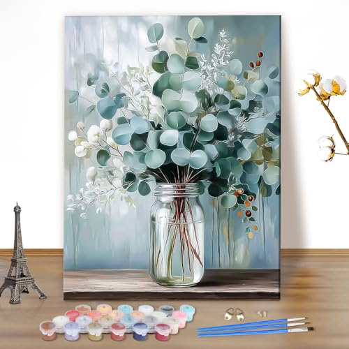 MEIYUDA Peinture par Numero Adulte Fleurs dans un vase, DIY Peinture Acrylique pour Adultes Débutants, Facile sur Toile Avec Peintures et Pinceaux 40x50cm(sans Cadre)