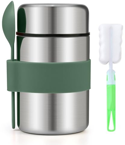 Thermal Food Flasks - 400ml Stainless Steel Vacuum Insulated Food Container with Spoon & Brush Food Jars for Hot/Cool Food Double Soup Flask Leak Proof Thermo Lunchbox for Meals, Soup, Fruit - Green