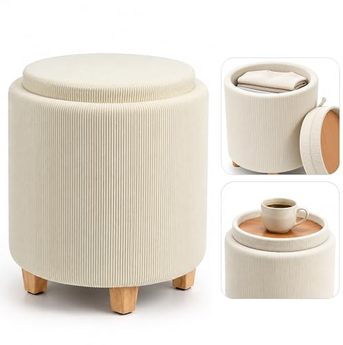 Zedelmaier Sitzhocker mit Stauraum, rund, aus Cord, Ø 37 x 45 cm, Beige | Cord-Polsterhocker, zylindrisch, bis 150 kg; Holzbeine, Wendedeckel als Tablett, Pouf, Schminkhocker oder Couchtisch