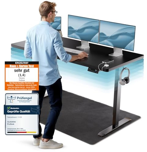 CLOUVOU ProDesk Höhenverstellbarer Schreibtisch elektrisch [TESTSIEGER] | 160x80cm | Dual-Motor Schreibtisch höhenverstellbar elektrisch | Elektrischer Schreibtisch mit Memory, 2X USB & Kabelversteck