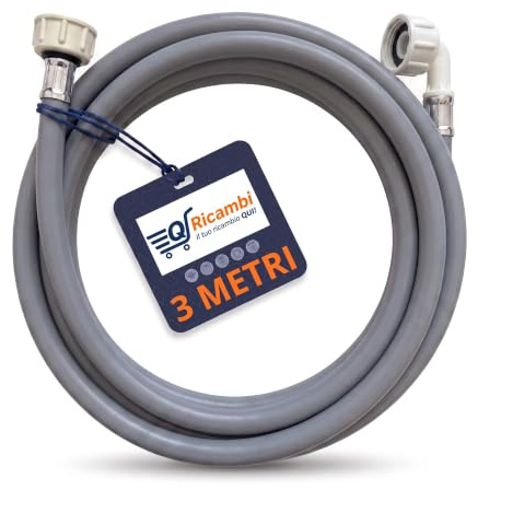 EQ Ricambi | Tubo Carico Lavatrice e Lavastoviglie 3 Metri, Raccordo Dritto e Gomito 90° Ø 3/4, Tubo Alimentazione Acqua Fredda 25°C 20 Bar in PVC Atossico, Guarnizioni Incluse, Made in EU