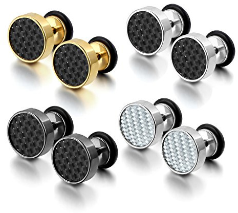 Cupimatch Cool 10mm Mens Stainless Steel Stud Earrings Women Piercing Ear Plug Tunnel Set of 4 Pairs for Mother's Day