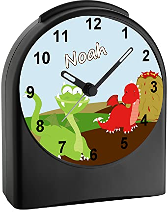 CreaDesign, WU-50-1093, Drache, analog Kinderwecker schwarz, Funkwecker ohne Ticken, mit Licht, personalisiert mit Namen, 9,6 x 5,5 x 11,9 cm, 104 g