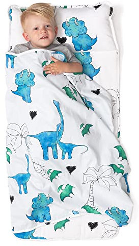 JumpOff Jo - Schlafmatte für Kleinkinder – Kinderschlafsack mit abnehmbarem Kissen für Vorschule, Kita, Übernachtungen – originelles Design: Dinosaurier – 109 x 53 cm